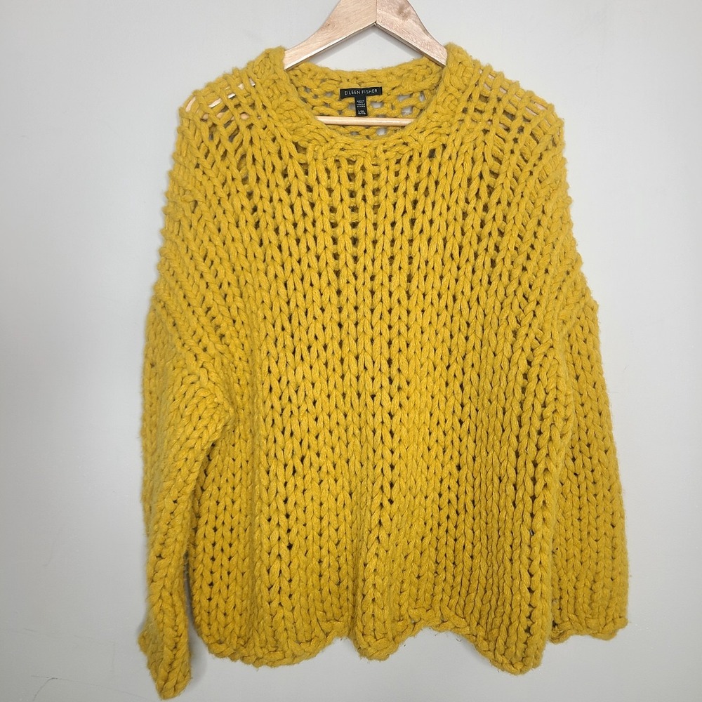 EILEEN FISHER L/XL Mustard Yellow Fisherman Baby Alpaca Chunky‎ Knit Sweater - Picture 2 of 6